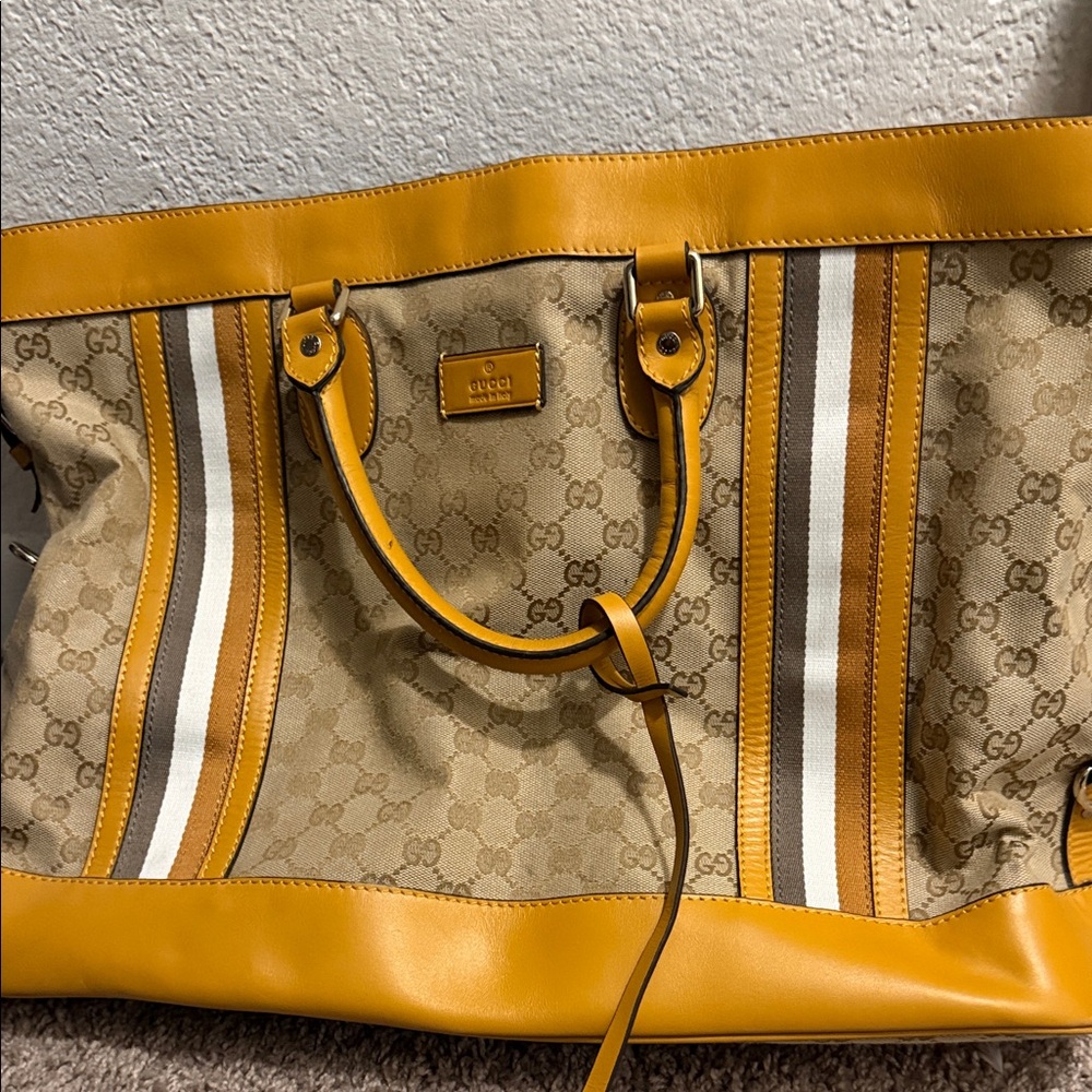 Gucci Yellow and Beige Monogram Tote with Striped Accents